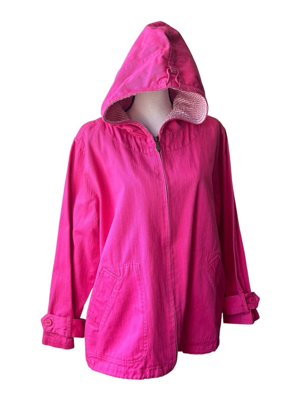 Denim & Co Bright Fuchsia Pink Lightweight Contrast Hooded Jacket 1X Barbiecore